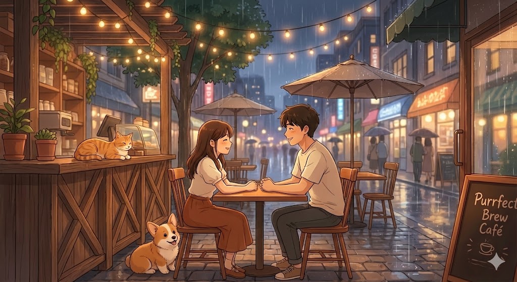A couple meeting at a cosy pet-friendly café with a cat and dog nearby